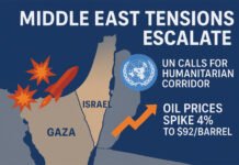Middle East Crisis Deepens: Israel-Hamas Ceasefire Talks Collapse, UN Demands Humanitarian Corridor, Oil Prices Surge “Digital map showing Israel, Gaza, and nearby Middle East regions, with explosion markers and UN humanitarian symbols representing the ongoing Israel-Hamas conflict and oil price surge.”