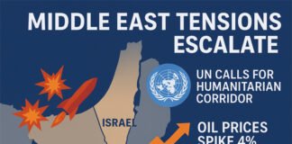 Middle East Crisis Deepens: Israel-Hamas Ceasefire Talks Collapse, UN Demands Humanitarian Corridor, Oil Prices Surge “Digital map showing Israel, Gaza, and nearby Middle East regions, with explosion markers and UN humanitarian symbols representing the ongoing Israel-Hamas conflict and oil price surge.”