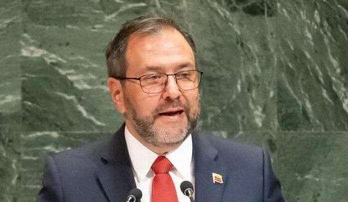 Venezuela’s foreign minister addressing reporters after rejecting U.S. airspace threats