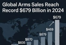 SIPRI Reports Global Arms Sales Hit Historic $679 Billion as Geopolitical Tensions Surge SIPRI chart showing global military arms sales reaching a record $679 billion in 2024