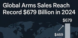SIPRI Reports Global Arms Sales Hit Historic $679 Billion as Geopolitical Tensions Surge SIPRI chart showing global military arms sales reaching a record $679 billion in 2024