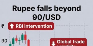 Indian Rupee Crashes to Record Low Beyond 90/USD as Trade Uncertainty and RBI Intervention Intensify Indian rupee falling to a record low past 90 per US dollar with RBI intervention in forex markets