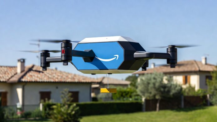 Amazon Prime Air MK30 drone in flight delivering a package