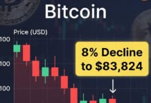 Bitcoin Slides 8% to $83,824 as Trump Signals Tougher Crypto Rules and SEC Intensifies Scrutiny Bitcoin price chart showing sharp decline to $83,824 amid regulatory fears.
