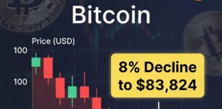 Bitcoin Slides 8% to $83,824 as Trump Signals Tougher Crypto Rules and SEC Intensifies Scrutiny Bitcoin price chart showing sharp decline to $83,824 amid regulatory fears.