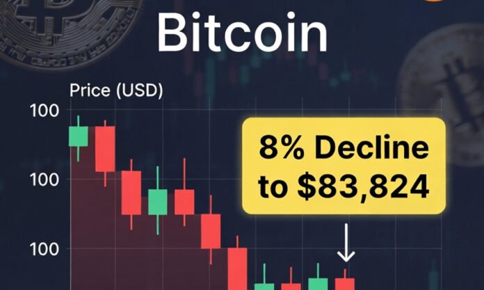Bitcoin Price Crashes to $83,824 Bitcoin price chart showing sharp decline to $83,824 amid regulatory fears.