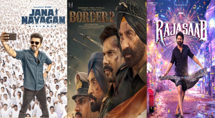 bollywood-january-2026-glob Bollywood January 2026 movie lineup featuring Border 2, The Raja Saab, and Jana Nayagan