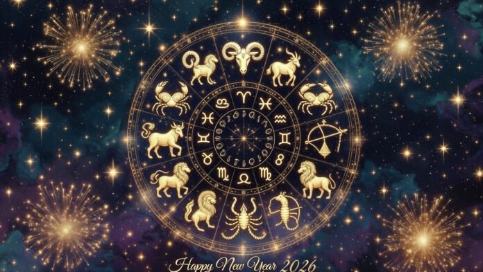Zodiac wheel with glowing stars and New Year 2026 celebration for daily horoscope January 1