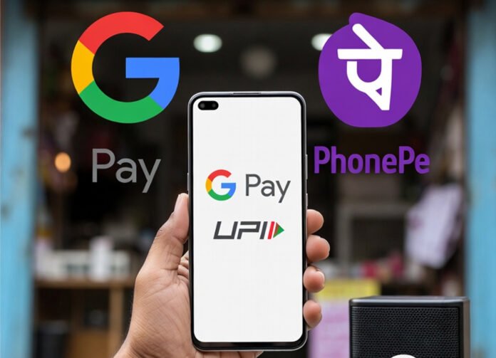 google-pay-phonepe-upi-busi UPI digital payments on smartphone showing Google Pay and PhonePe apps in India