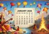 January 2026 Hindu Festivals: Mark Your Calendar for Makar Sankranti, Vasant Panchami, Lohri & Key Vrats Vibrant illustration of January 2026 Hindu festivals with Makar Sankranti kites, Saraswati Puja, and Lohri bonfire