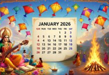 January 2026 Hindu Festivals: Mark Your Calendar for Makar Sankranti, Vasant Panchami, Lohri & Key Vrats Vibrant illustration of January 2026 Hindu festivals with Makar Sankranti kites, Saraswati Puja, and Lohri bonfire