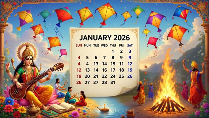 Vibrant illustration of January 2026 Hindu festivals with Makar Sankranti kites, Saraswati Puja, and Lohri bonfire