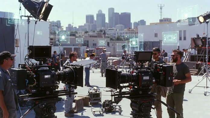 Hollywood skyline with film production sets and cameras, highlighting industry trends in 2025