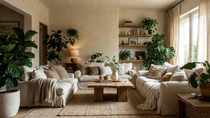 Cozy living room embodying 2025 warm minimalism and biophilic design with indoor plants, natural wood furniture, linen sofa, and earthy tones