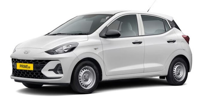 hyundai-prime-taxi-cng-laun Hyundai Prime Taxi range with factory-fitted CNG parked outside a Hyundai dealership in India, showcasing Prime HB hatchback and Prime SD sedan models.