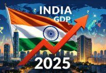 India Surpasses Japan to Become World’s 4th Largest Economy in Historic 2025 Milestone Rising graph arrow over Indian flag with Mumbai skyline symbolizing India's 2025 economic milestone as 4th largest economy