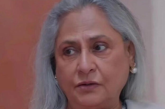 Jaya Bachchan discusses marriage as an outdated institution on a podcast. Jaya Bachchan speaking on a podcast with expressive gesture about marriage.