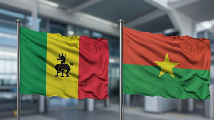 Flags of Mali and Burkina Faso as both countries restrict entry of US citizens