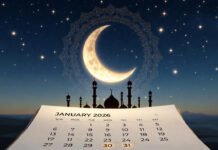 January 2026 Muslim Festivals: Key Dates for Lailat al-Miraj, Ayyamul Bidh Fasts & Start of Sha’ban Islamic calendar illustration for January 2026 with crescent moon highlighting Lailat al-Miraj and Ayyamul Bidh dates