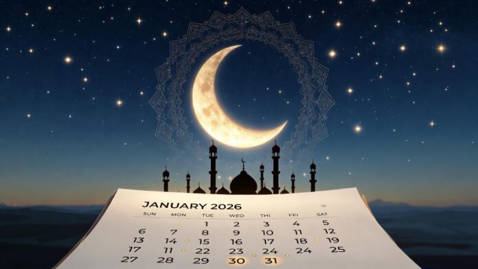 Islamic calendar illustration for January 2026 with crescent moon highlighting Lailat al-Miraj and Ayyamul Bidh dates