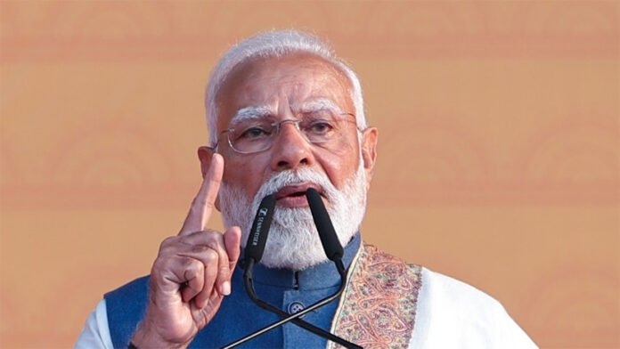 Prime Minister Narendra Modi delivering New Year's Eve national address 2025 from New Delhi podium