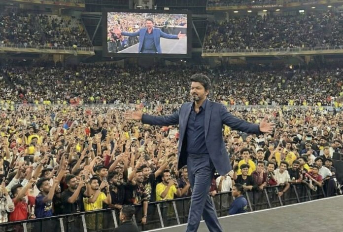 Thalapathy Vijay at the Jana Nayagan 2026 audio launch in Kuala Lumpur, addressing fans about his retirement