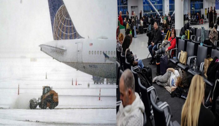 Passengers stranded at JFK Airport due to heavy snowstorm, with canceled flight boards visible