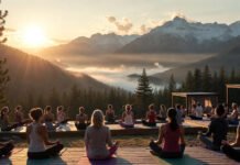 Wellness Travel Trends 2026: Longevity Retreats and Transformative Experiences Lead the Boom Serene group yoga session at a luxurious mountain wellness retreat with panoramic views, representing transformative 2026 wellness travel trends
