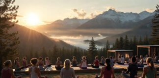 Wellness Travel Trends 2026: Longevity Retreats and Transformative Experiences Lead the Boom Serene group yoga session at a luxurious mountain wellness retreat with panoramic views, representing transformative 2026 wellness travel trends