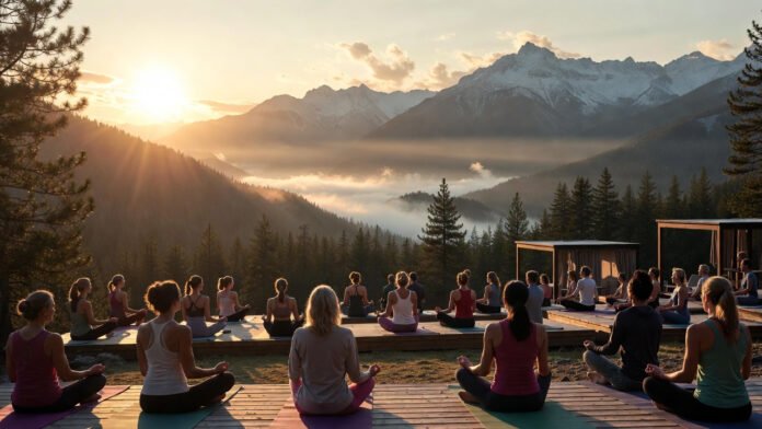 wellness-travel-trends-2026 Serene group yoga session at a luxurious mountain wellness retreat with panoramic views, representing transformative 2026 wellness travel trends