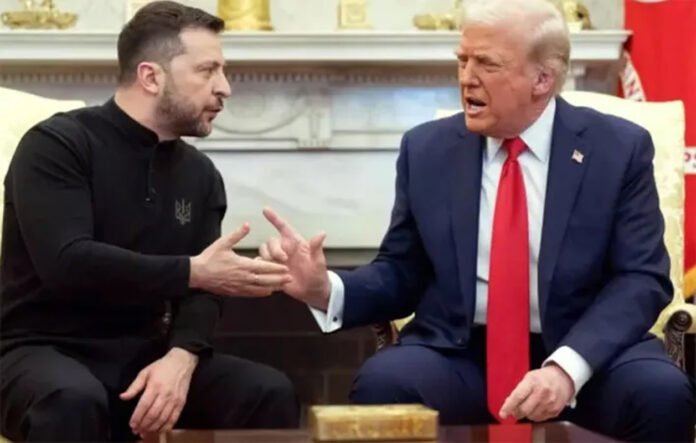 Ukrainian President Zelenskyy amid Kyiv skyline following Russian missile attack