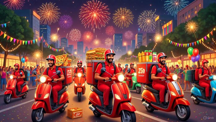 zomato-swiggy-new-year-deli Zomato and Swiggy delivery partners collecting food orders during New Year Eve peak hours in India