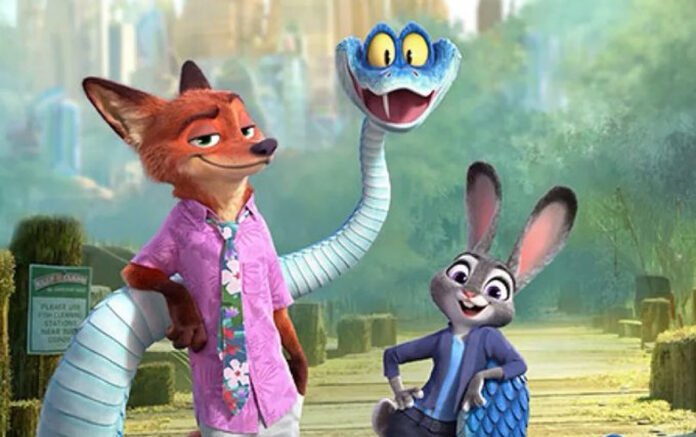 Zootopia 2 animated characters on film poster showcasing dynamic cityscape