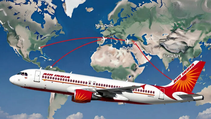 Air India Boeing 787 Dreamliner in flight with overlaid red downward financial trend arrow indicating projected FY2026 loss