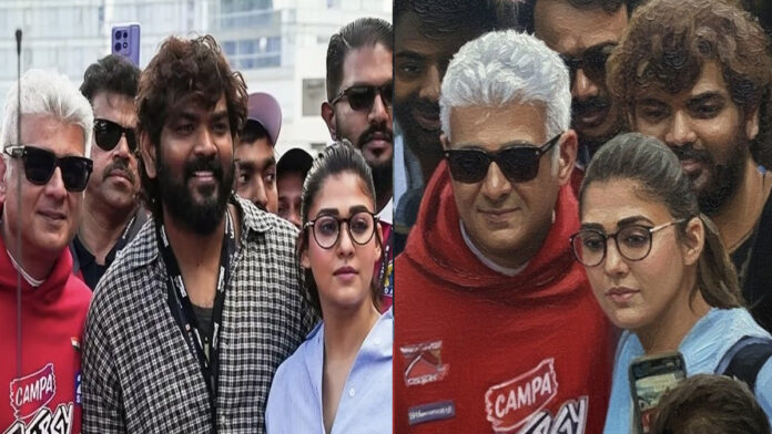 Ajith Kumar greets Nayanthara and Vignesh Shivan at Dubai Autodrome during the Dubai 24H Series race event.