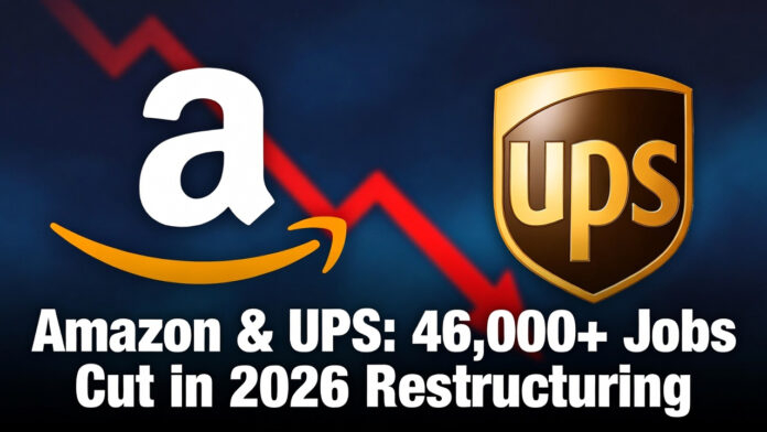 Amazon and UPS logos with job cuts graphic overlay for 2026 layoffs announcement
