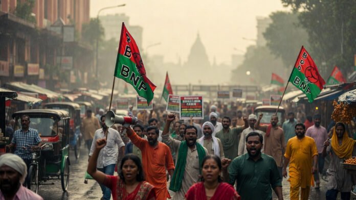 Bangladesh 2026 political unrest: Protesters demand elections from Yunus interim government in Dhaka streets post-Hasina coup.
