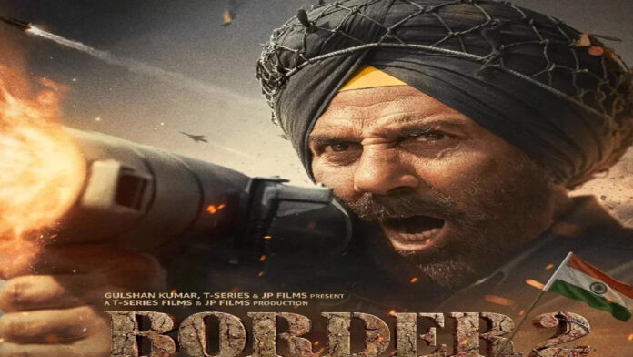 Sunny Deol in Border 2 during an intense war scene with Indian Army backdrop