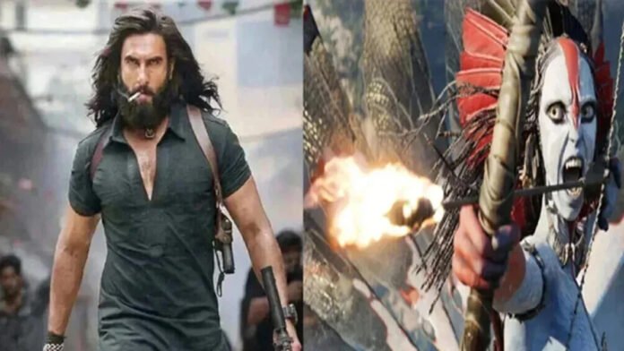 Dhurandhar and Ikkees box office comparison poster featuring Ranveer Singh and Agastya Nanda