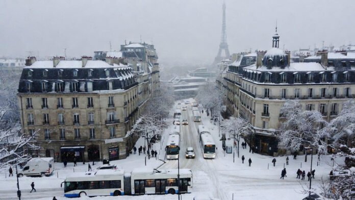 Snow-covered Paris streets as winter storm disrupts travel across Europe