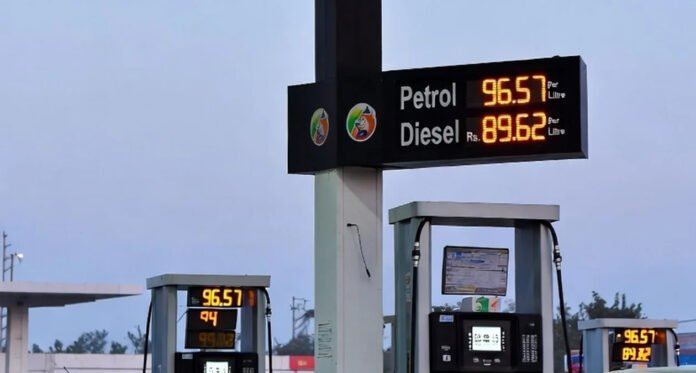 Petrol and diesel price board at an Indian fuel station showing updated rates