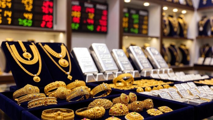 gold-silver-price-india-jan Gold and silver bars displayed at an Indian bullion market amid price fluctuations