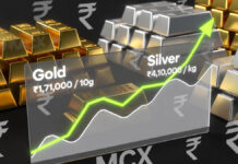 Silver Breaks All Records in India: Futures Cross ₹4 Lakh per Kg; Gold Nears ₹1.71 Lakh per 10 Grams Stacks of shining gold and silver bars with rising price chart overlay showing record highs in Indian rupees