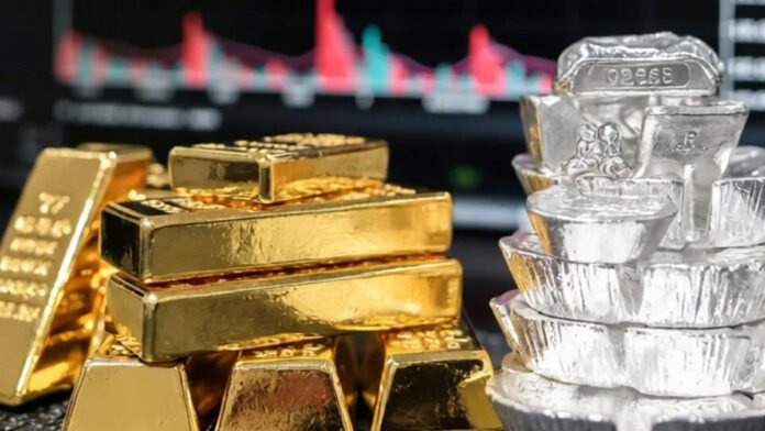 gold-silver-price-surge-ind Gold and silver bars displayed at an Indian bullion market amid rising prices