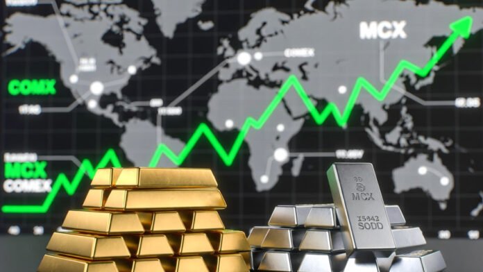 Gold and silver bars displayed with MCX price charts amid global market volatility
