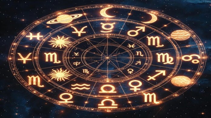 Zodiac wheel and planetary symbols representing daily horoscope predictions