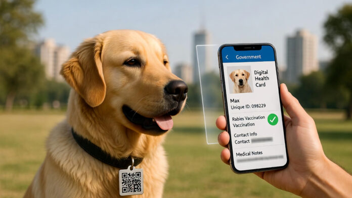 Dog wearing collar with QR code being scanned by smartphone showing digital pet health card with vaccination records