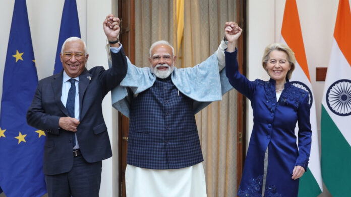 Prime Minister Narendra Modi with European Union leaders during India-EU FTA announcement