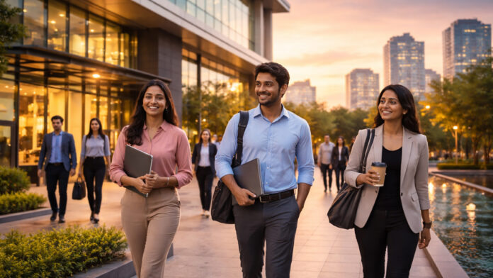 Indian IT professionals leaving office on time reflecting new work-life balance policy