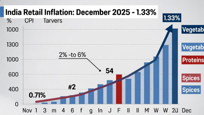 India CPI retail inflation chart showing rise to 1.33% in December 2025